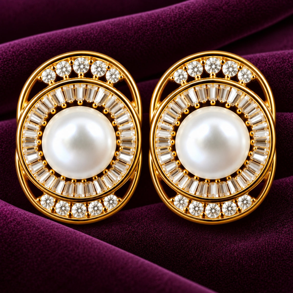 Detailed view of Pearl Meridian Studs showing the polished oval framework, pearl centre and clear zircon arrangement.