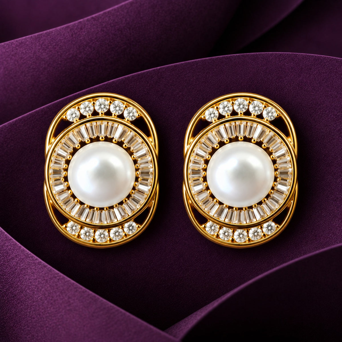 Close-up of oval gold-tone earrings featuring central white pearls surrounded by baguette-cut clear zircons.