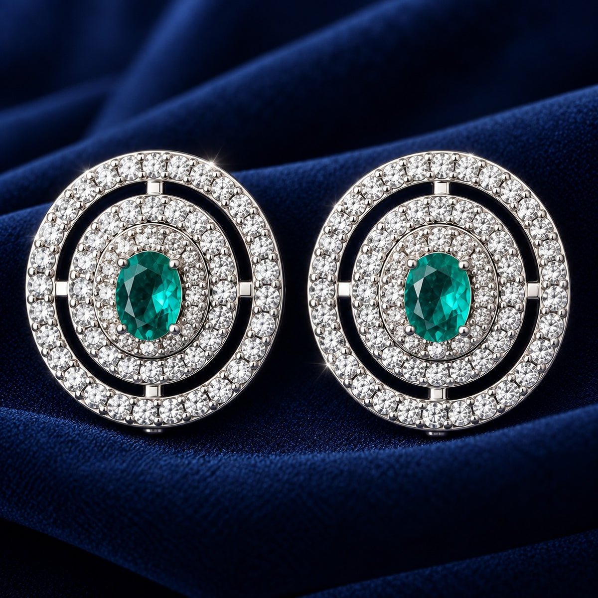 Close-up of round silver-tone earrings featuring an emerald-green oval centre stone surrounded by multiple rows of clear zircon.