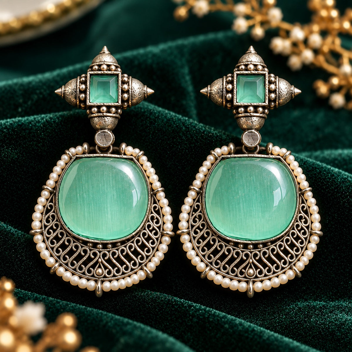The Ancestral Crest Drops in Mint green with antique silver filigree and pearl detailing