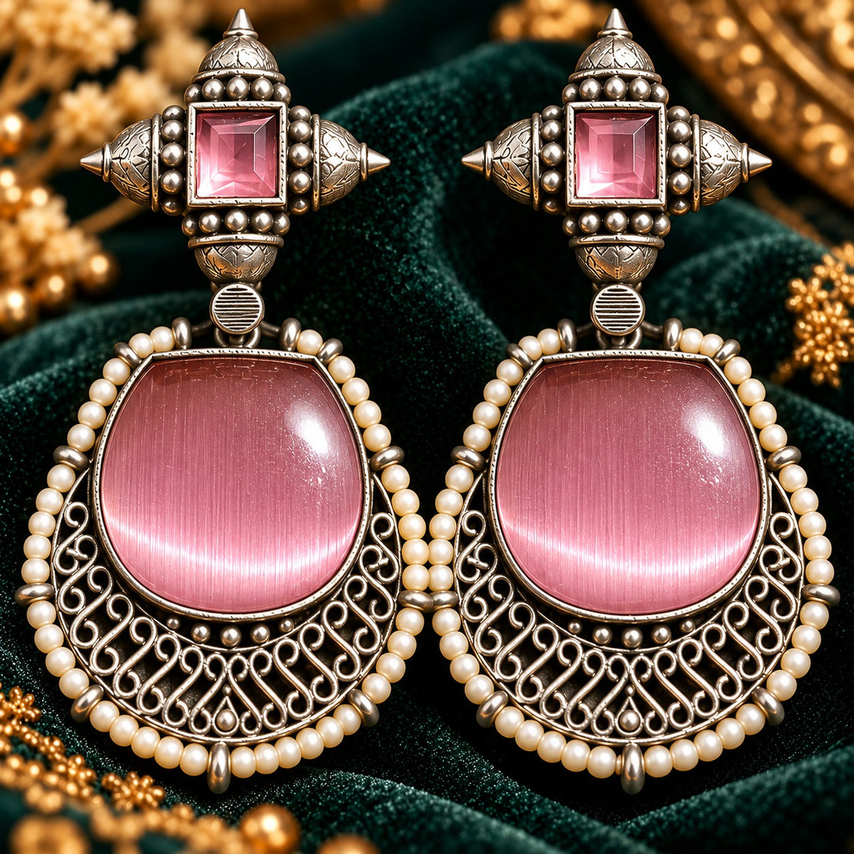 The Ancestral Crest Drops in heritage pink with antique silver filigree and pearl detailing.
