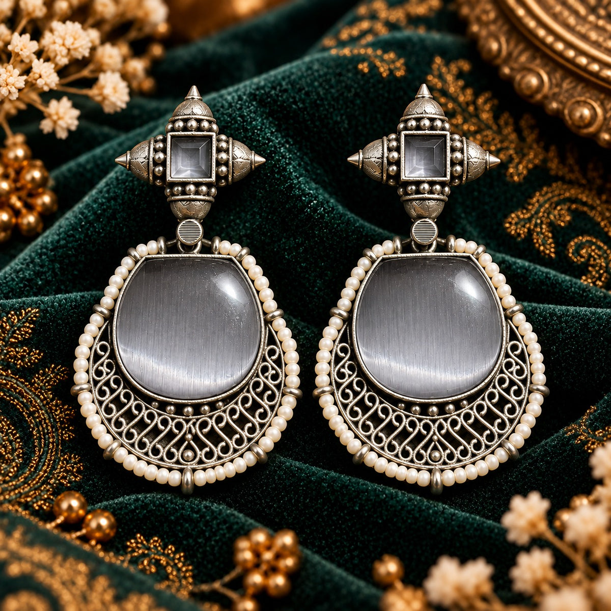 The Ancestral Crest Drops in Mist Grey with antique silver filigree and pearl detailing.