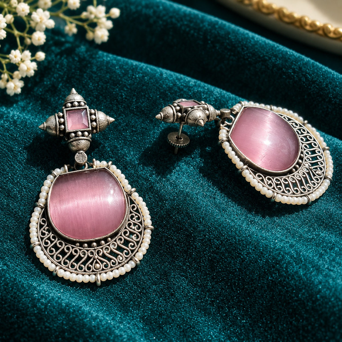 Back view of antique silver statement earrings from The Legacy Collection, showing the detailed metalwork and secure post fastening