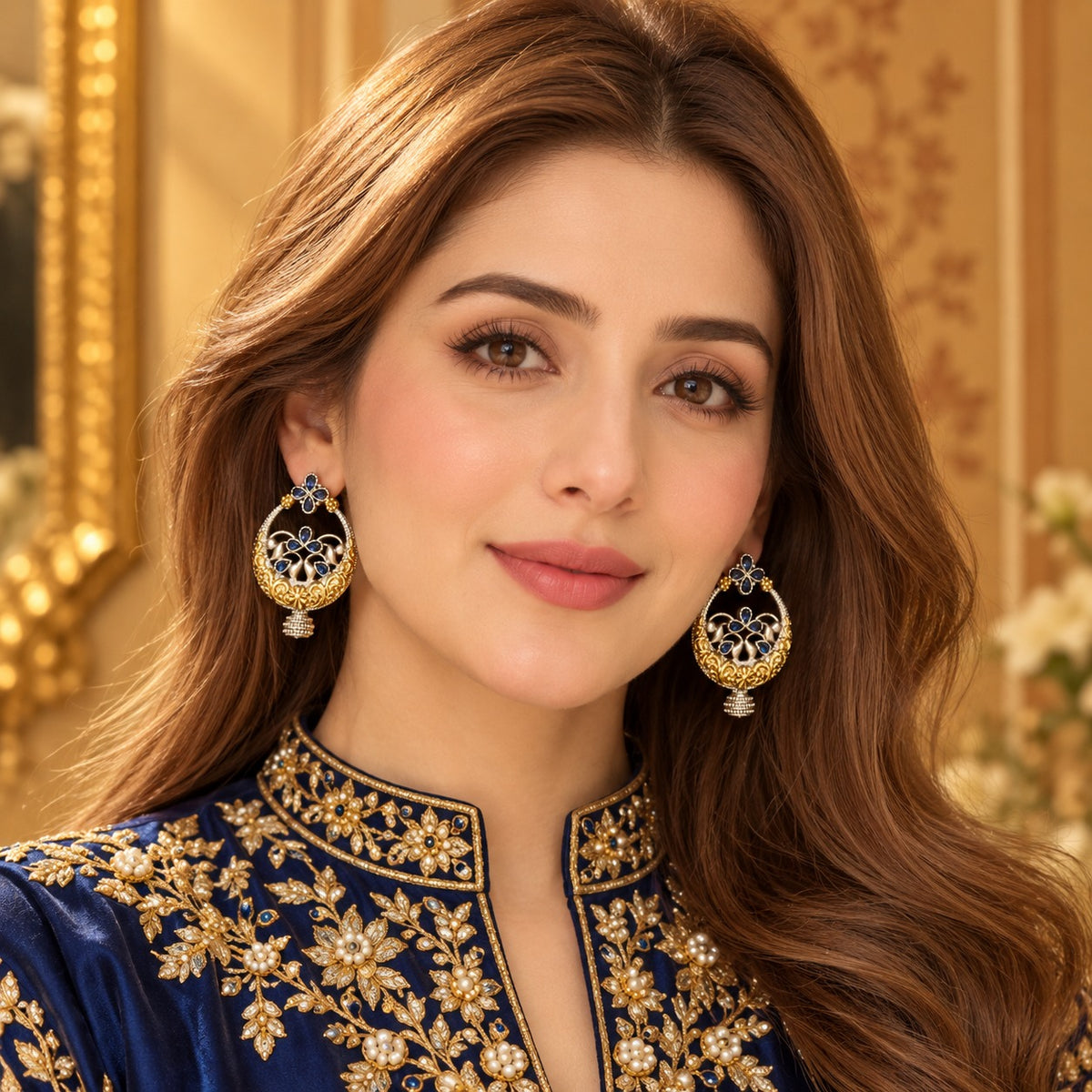 Model wearing large Azure Courtyard Earrings with sapphire-blue stones and intricate two-tone traditional detailing.