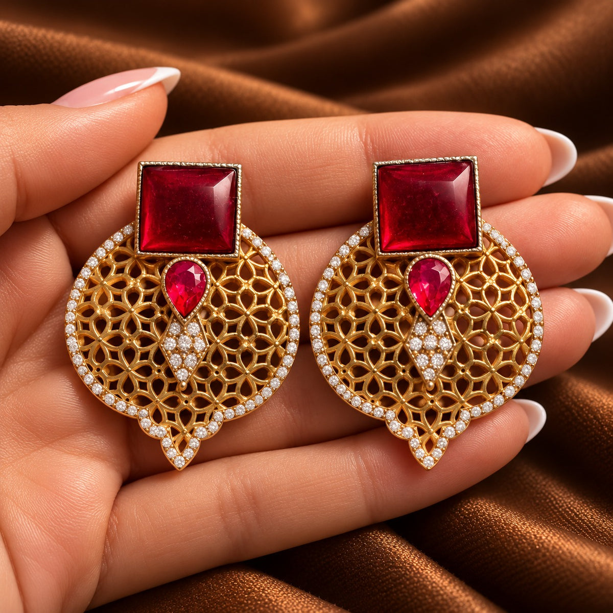 Hand-held close-up of Sovereign Court ruby red Earrings highlighting the geometric stones, detailed open latticework and clear zircon border.