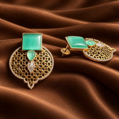 Side view of Sovereign Court Earrings showing their dimensional construction and post-back fastening.