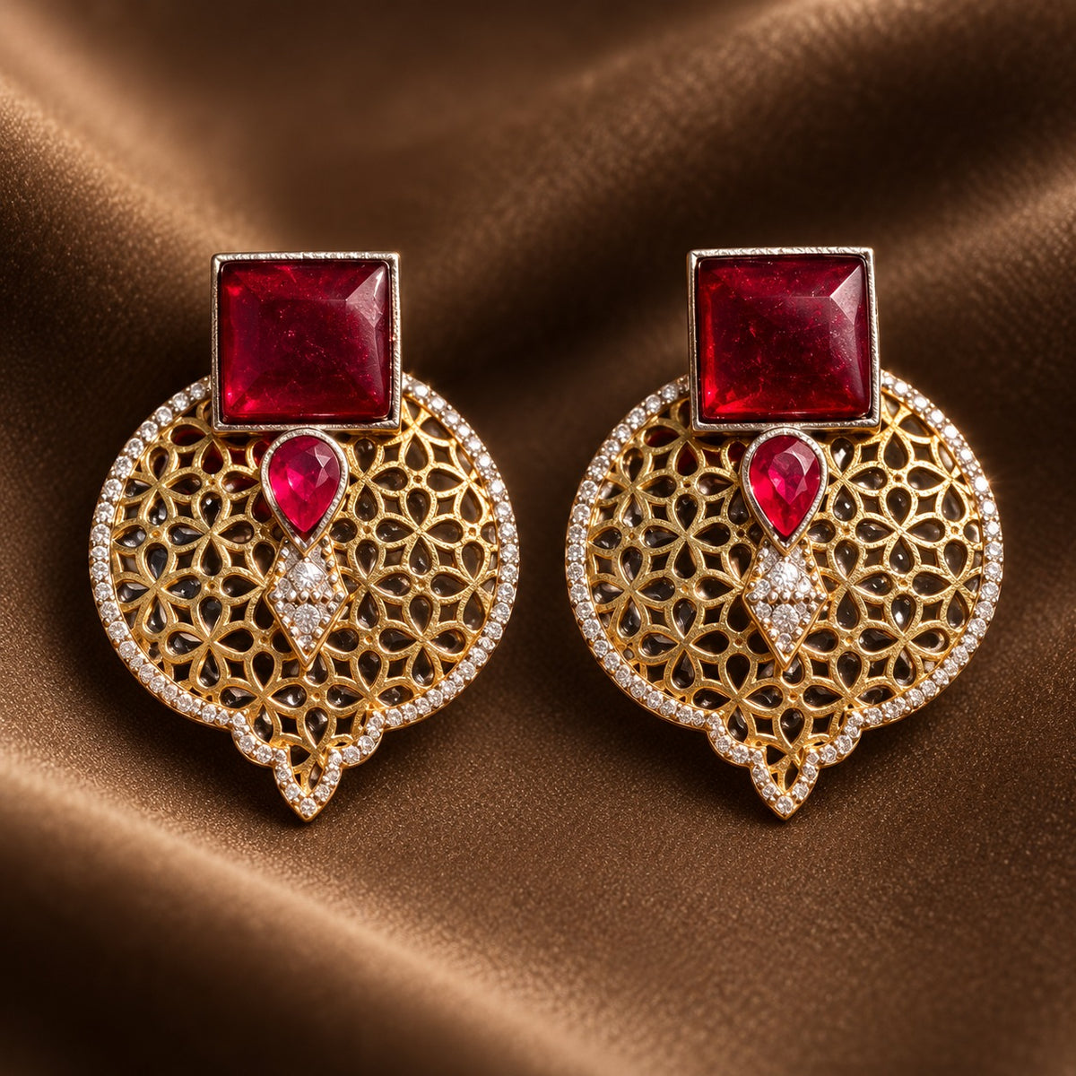 Ruby red Sovereign Court Earrings with bold square stones, pear-shaped centre stones and ornate gold-tone openwork bordered with clear zircon.