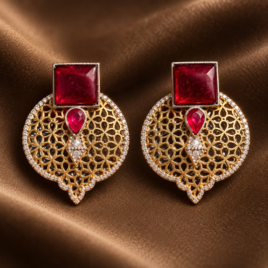 Ruby red Sovereign Court Earrings with bold square stones, pear-shaped centre stones and ornate gold-tone openwork bordered with clear zircon.