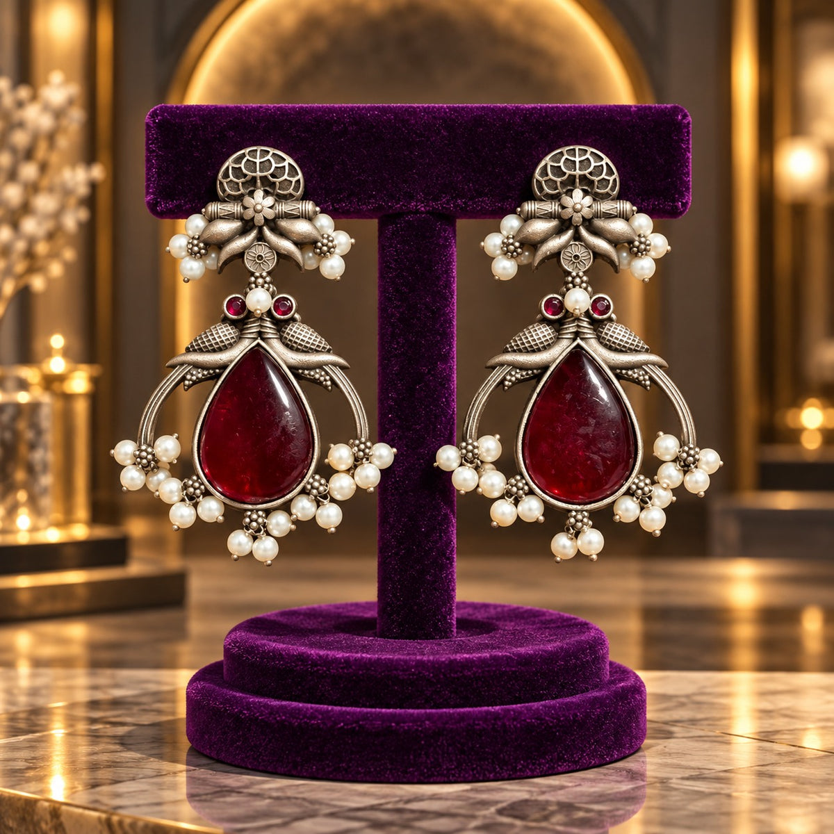 The Royal Treasury Earrings in Ruby Red featuring rich teardrop stones, intricate floral metalwork and pearl-like drops