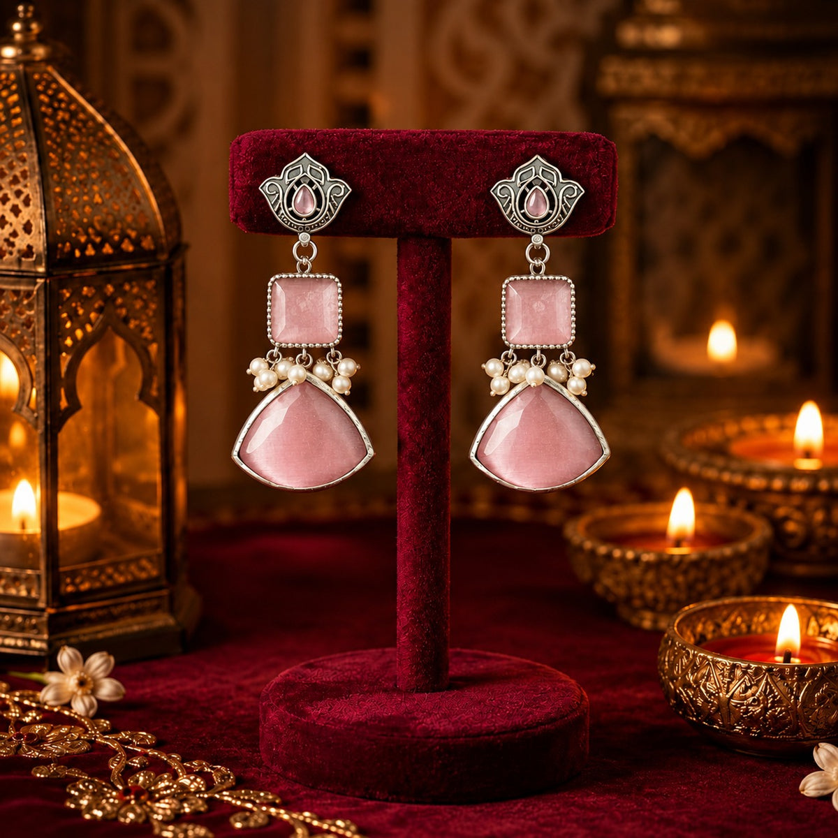 Heirloom Crest Drops in soft rose pink with silver-toned detailing and pearl accents, displayed on rich burgundy velvet.