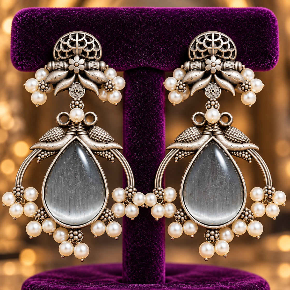 The Royal Treasury Earrings in Silver Grey with teardrop centre stones, pearl-like clusters and antique oxidised silver-tone detailing.