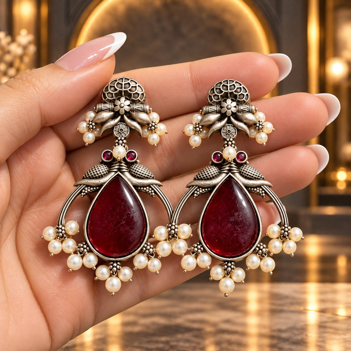 Hand-held close-up of The Royal Treasury Earrings showing their size, ornate oxidised silver-tone metalwork and pearl-like clusters.