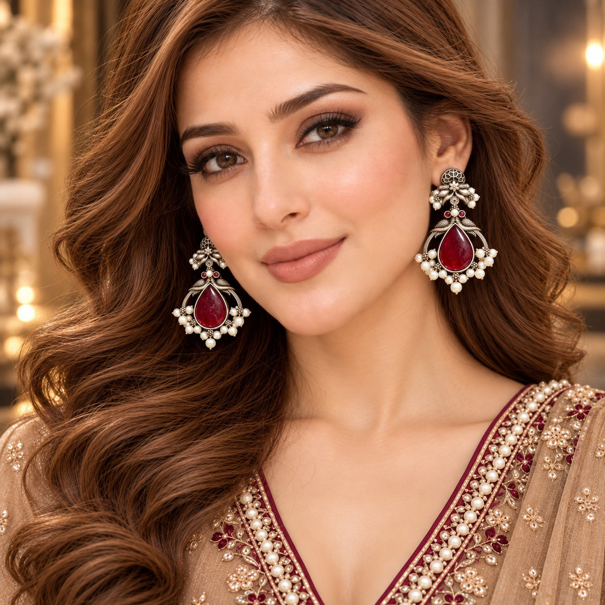 Model wearing The Royal Treasury Earrings, showing their statement drop silhouette, teardrop centre stone and intricate pearl-like detailing.
