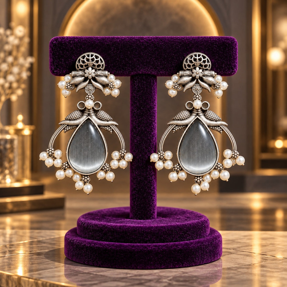 The Royal Treasury Earrings in Silver Grey featuring luminous teardrop stones, ornate floral detailing and pearl-like embellishments.