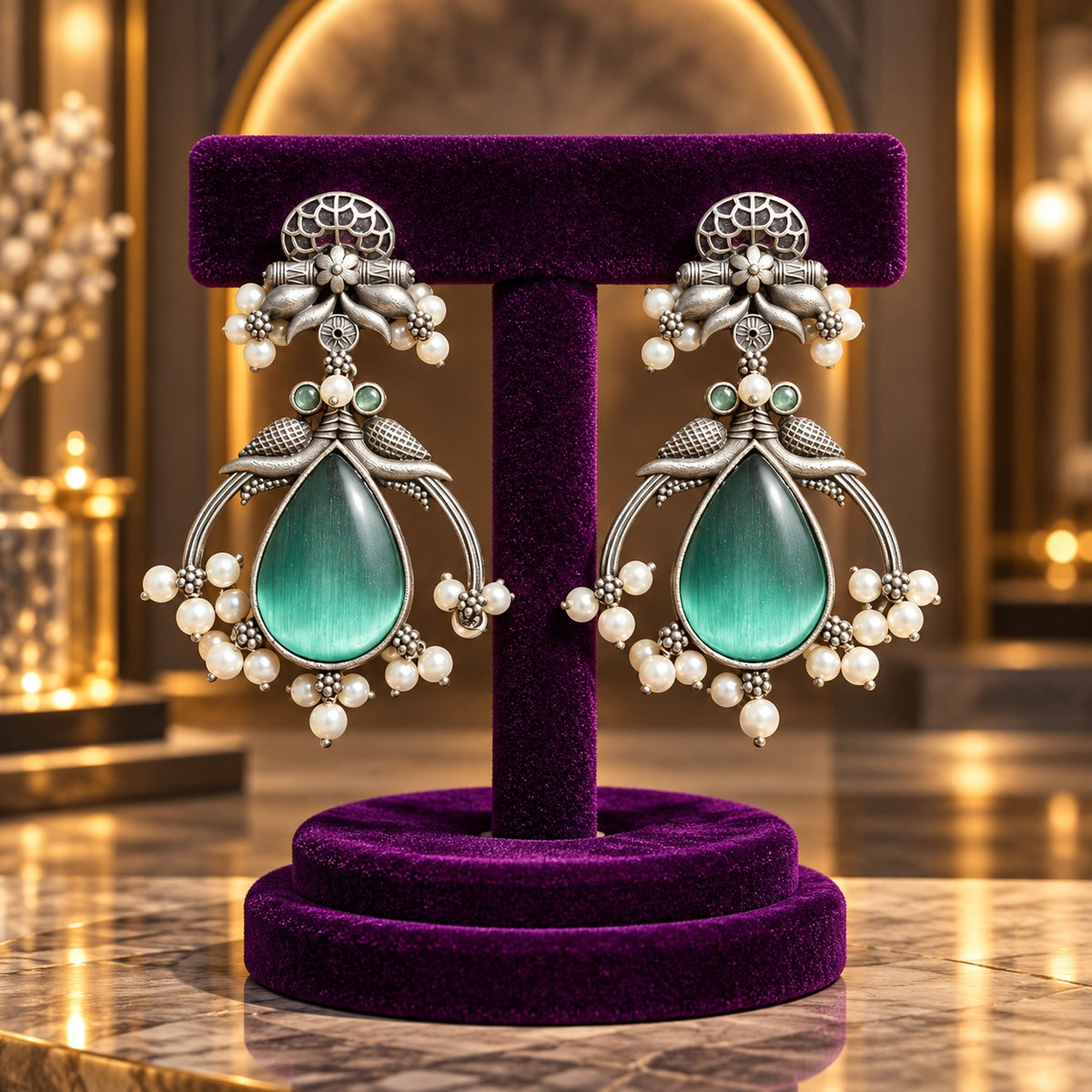 The Royal Treasury Earrings in Aqua Teal with teardrop centre stones, pearl-like clusters and antique oxidised silver-tone detailing.