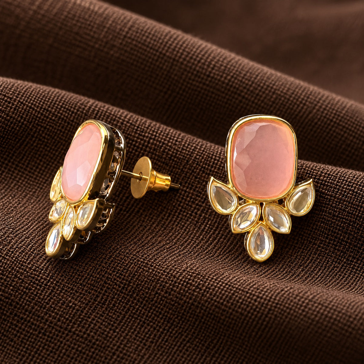 Side view of Legacy Crownleaf Studs showing the raised gold-tone setting, stud post and push-back closure.