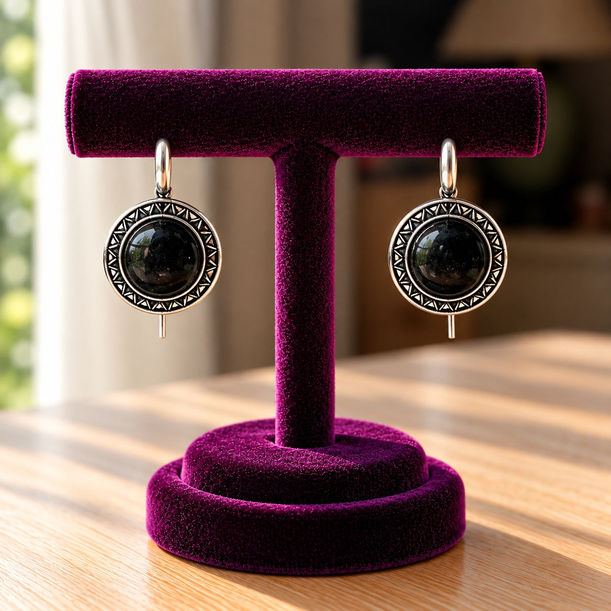  Black Onyx  Ottoman Round Earrings showing smooth domed stones and intricate geometric antique-metal detail
