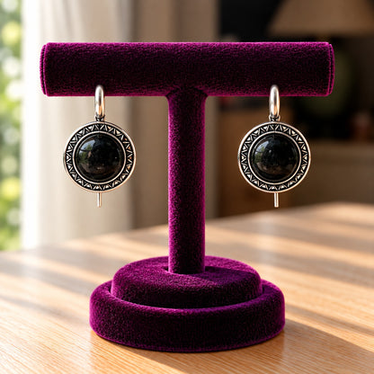  Black Onyx  Ottoman Round Earrings showing smooth domed stones and intricate geometric antique-metal detail