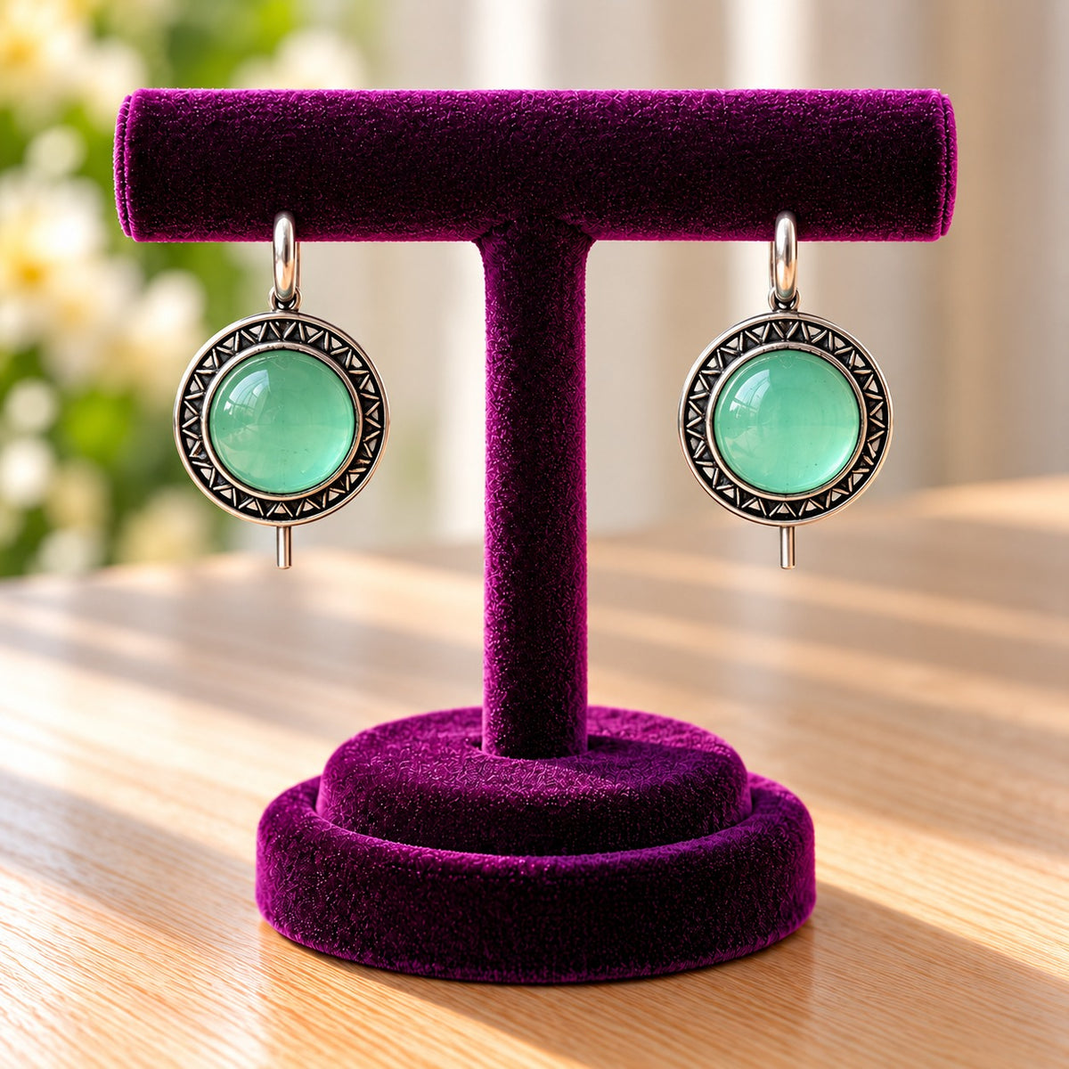  Aqua Mint Ottoman Round Earrings showing smooth domed stones and intricate geometric antique-metal detailin