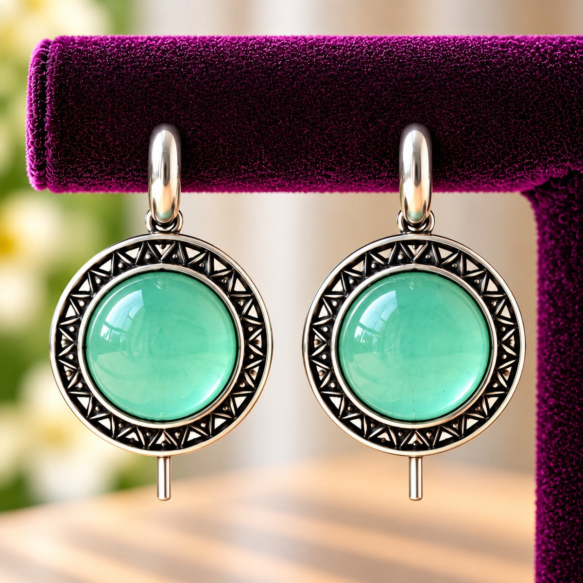 Close-up of Golden Amber Ottoman Round Earrings showing smooth domed stones and intricate geometric antique-metal detailing