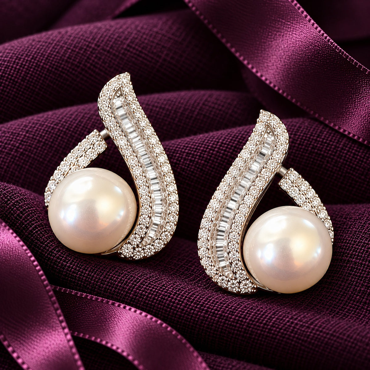 Close-up of S925 Pearl Plume Earrings showing the pearl centrepiece, baguette zircon detailing and curved silver design.