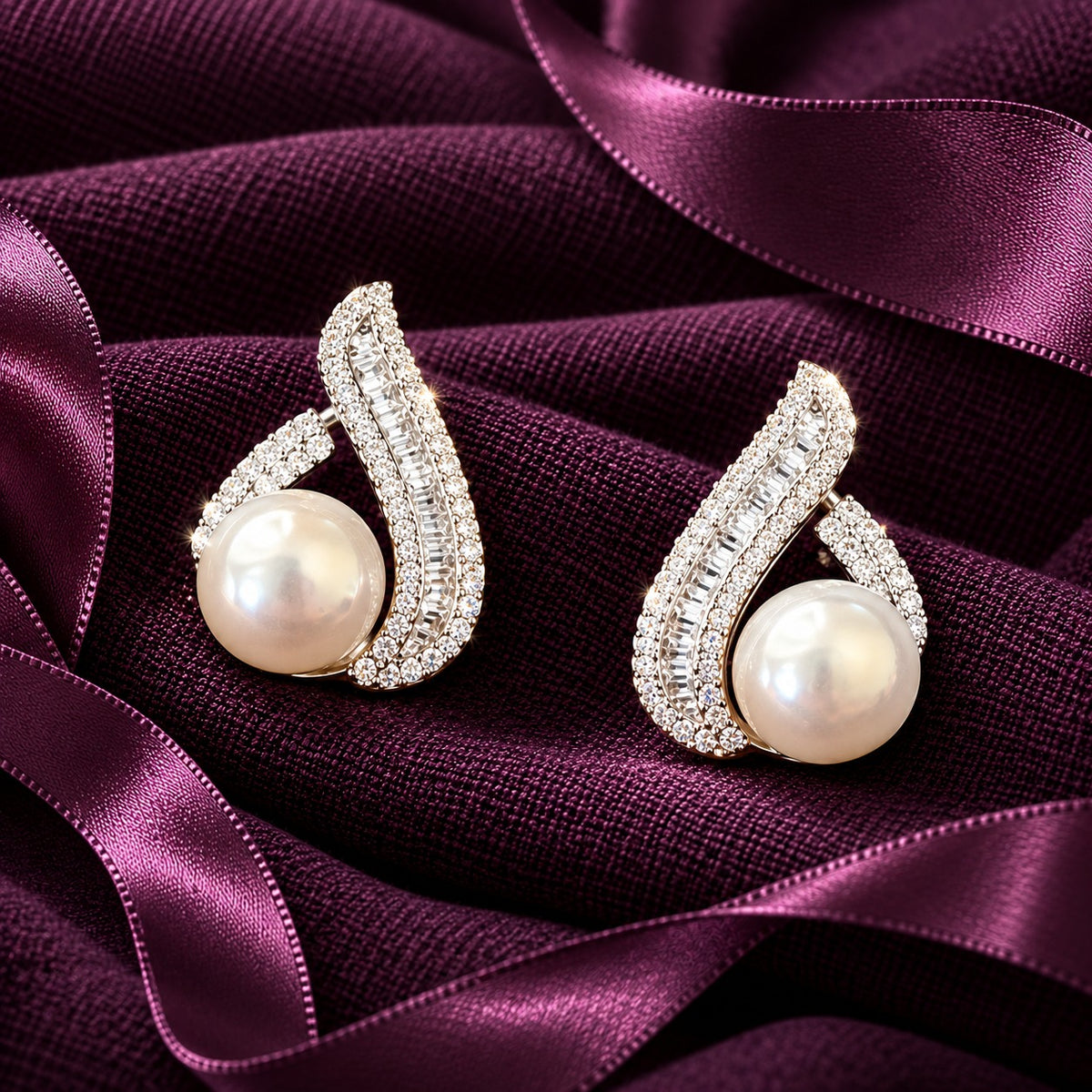 The Pearl Plume Earrings in S925 silver featuring luminous pearls and sweeping zircon-set curves on rich plum fabric.