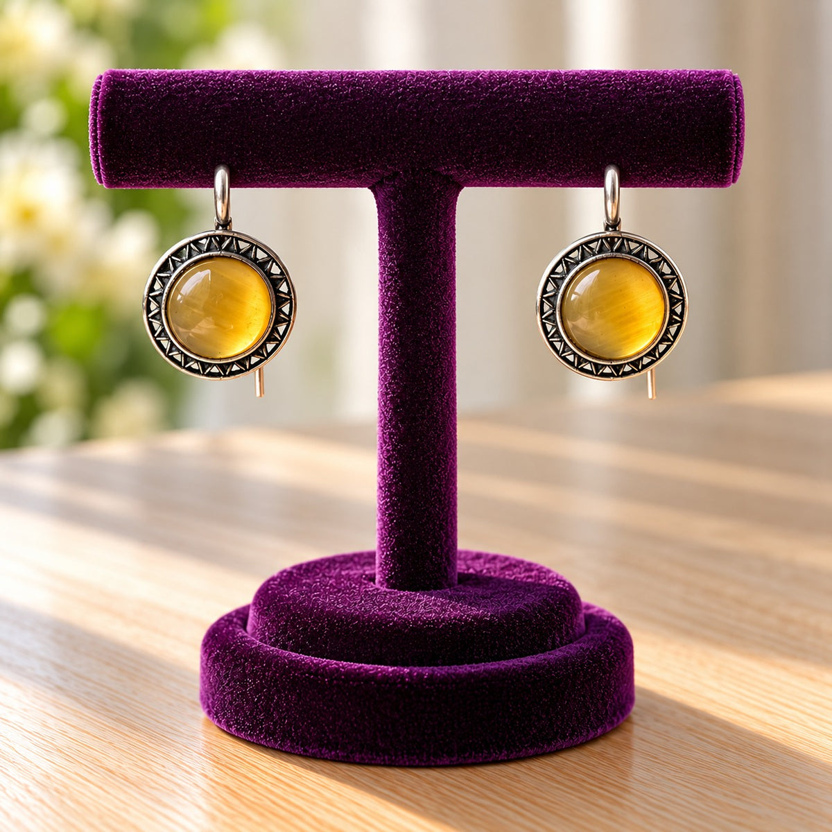  Golden Amber Ottoman Round Earrings showing smooth domed stones and intricate geometric antique-metal detailing.