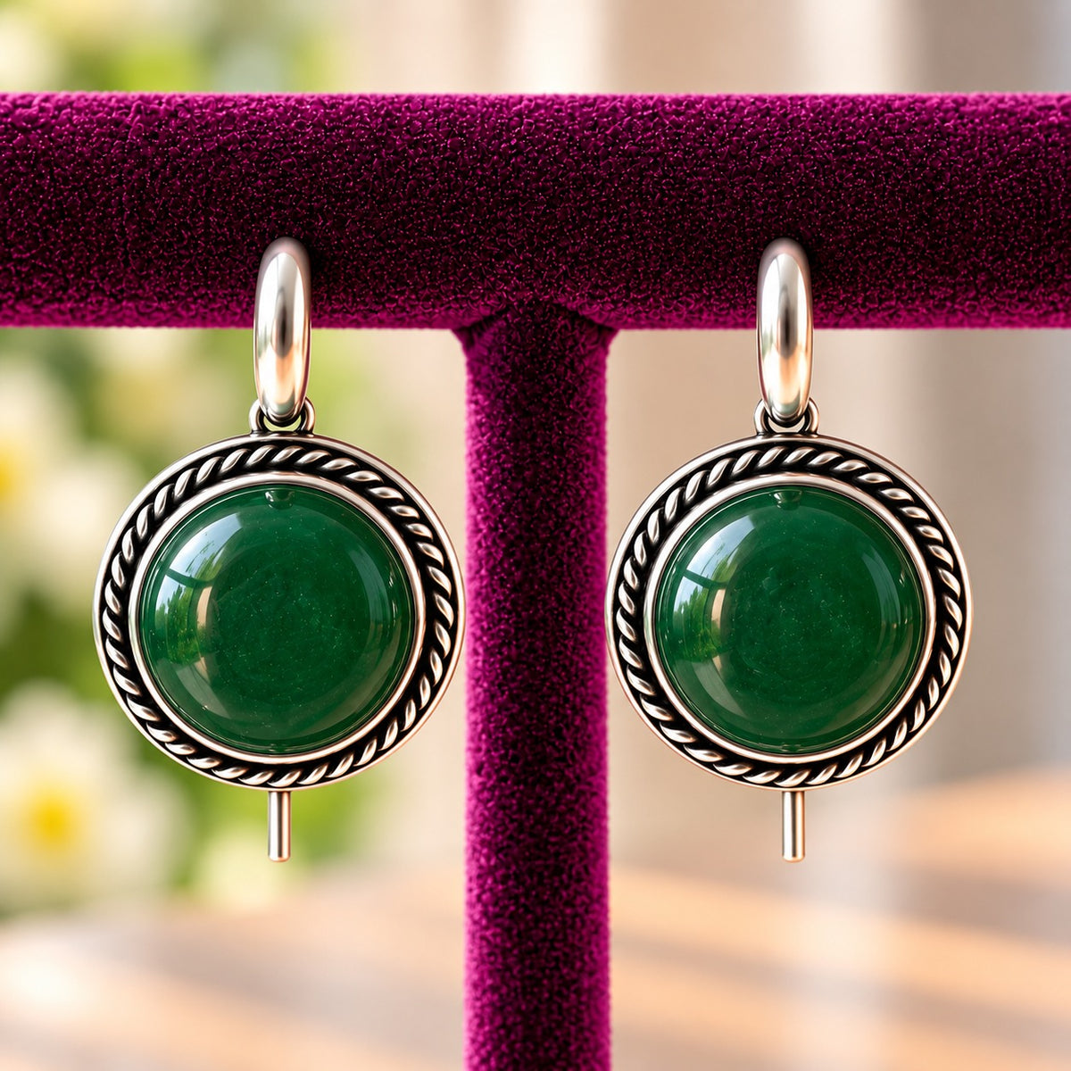 Regent Cabochon Earrings featuring glossy emerald green domed stones surrounded by twisted antique silver-tone borders.
