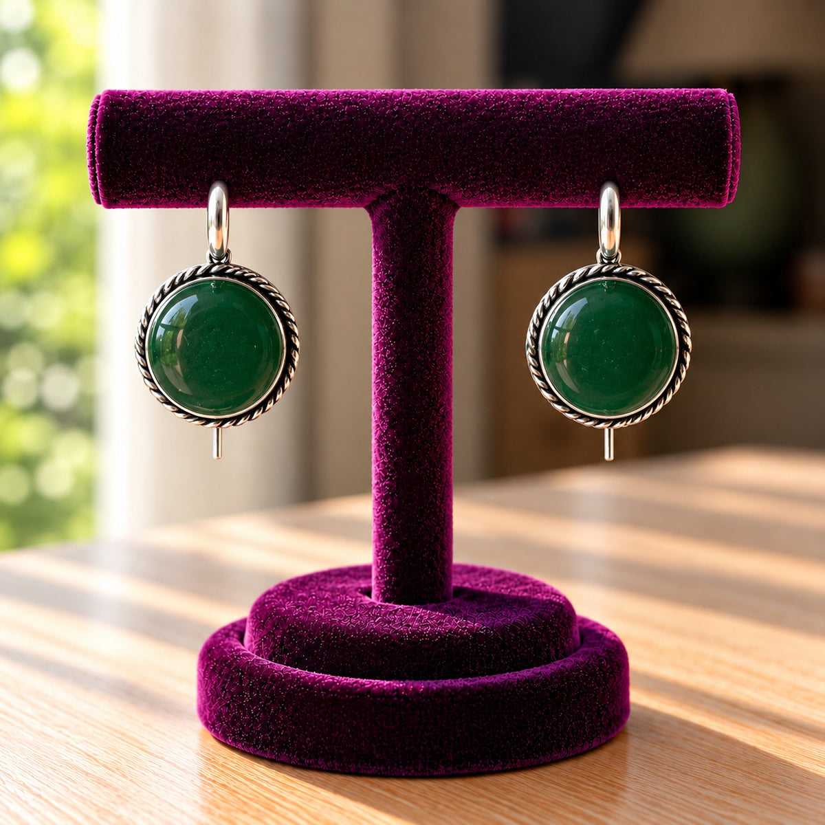 Regent Cabochon Earrings featuring glossy emerald green domed stones surrounded by twisted antique silver-tone borders.