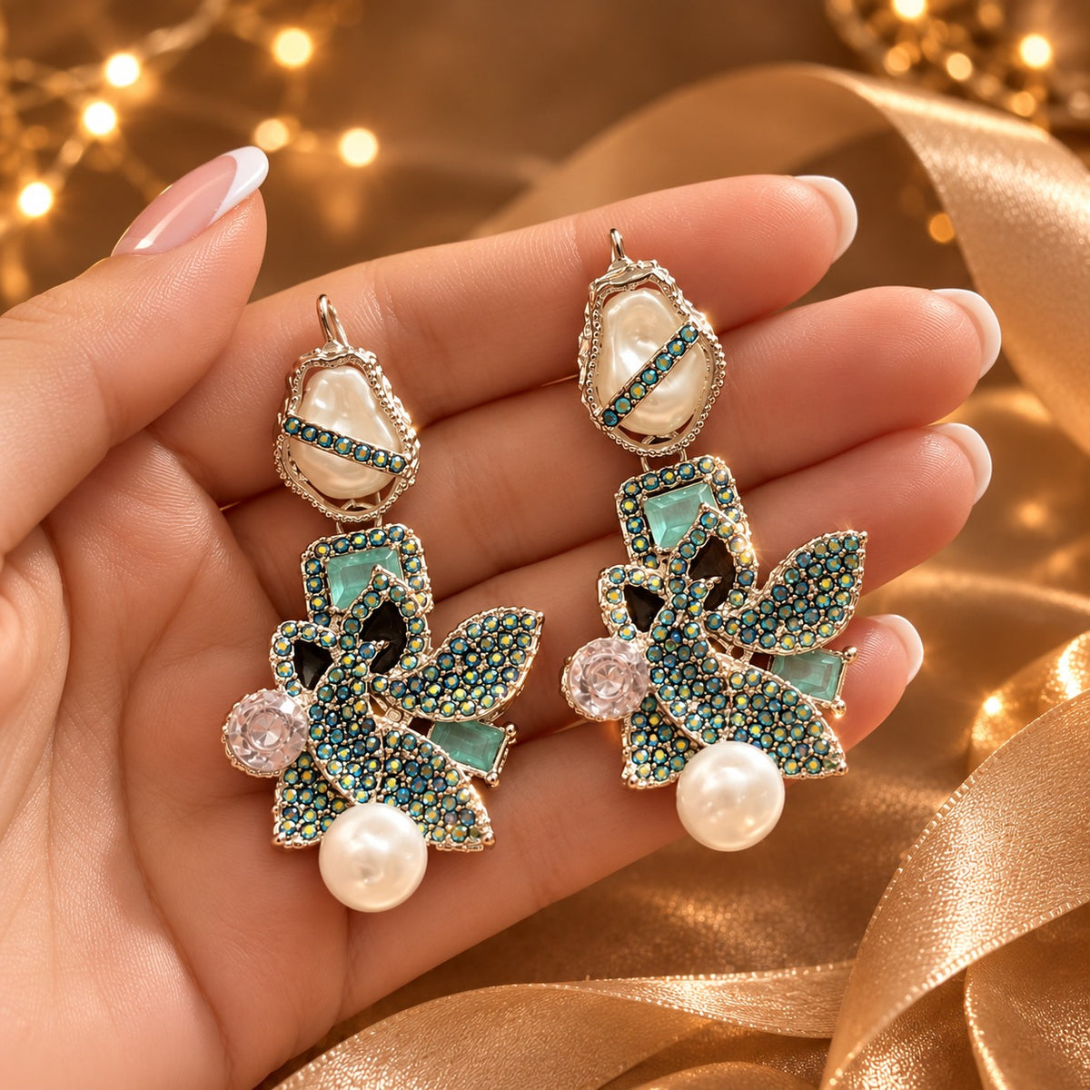 Baroque Mosaic Earrings featuring sculptural floral detailing, iridescent teal crystals, geometric accents, and ivory pearl drops held in a hand