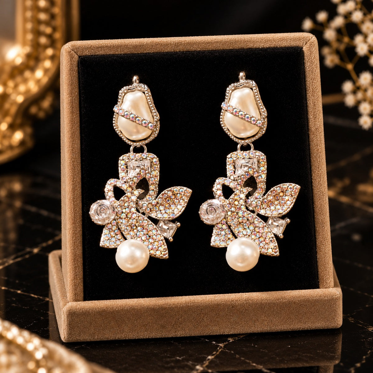 Baroque Mosaic Earrings featuring sculptural floral detailing, iridescent crystals, geometric accents, and ivory pearl drops.
