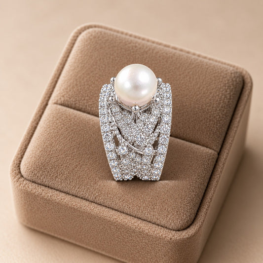 Side-angle view of the Pearl Empress Zircon Ring on a beige velvet display, showcasing its raised pearl setting, wide structured band and intricate openwork zircon detailing.