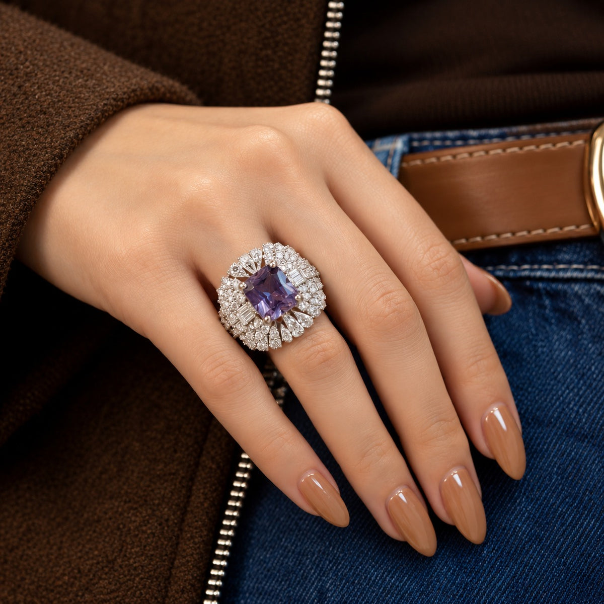 Amethyst Imperial Crest Ring worn on a woman's hand, featuring a rich purple centre stone, elaborate clear zircon embellishments and a polished silver-tone finish.
