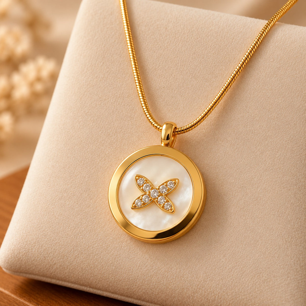 Detailed view of a gold-tone circular medallion pendant featuring a smooth polished border, iridescent pearl-white centre and clear zircon floral embellishment.