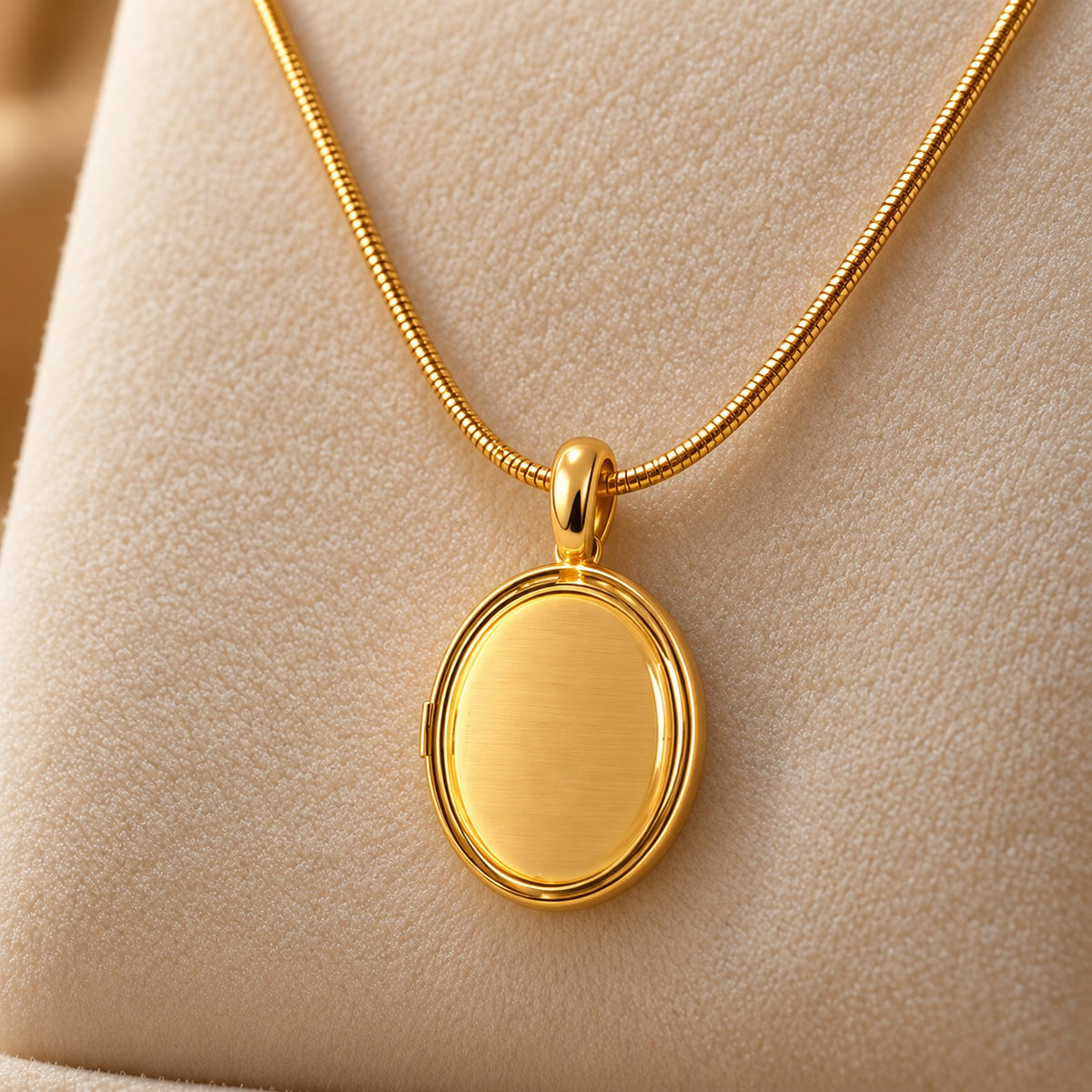Gold-tone oval locket pendant with a smooth centre, suspended from a fine chain on a soft ivory jewellery stand.