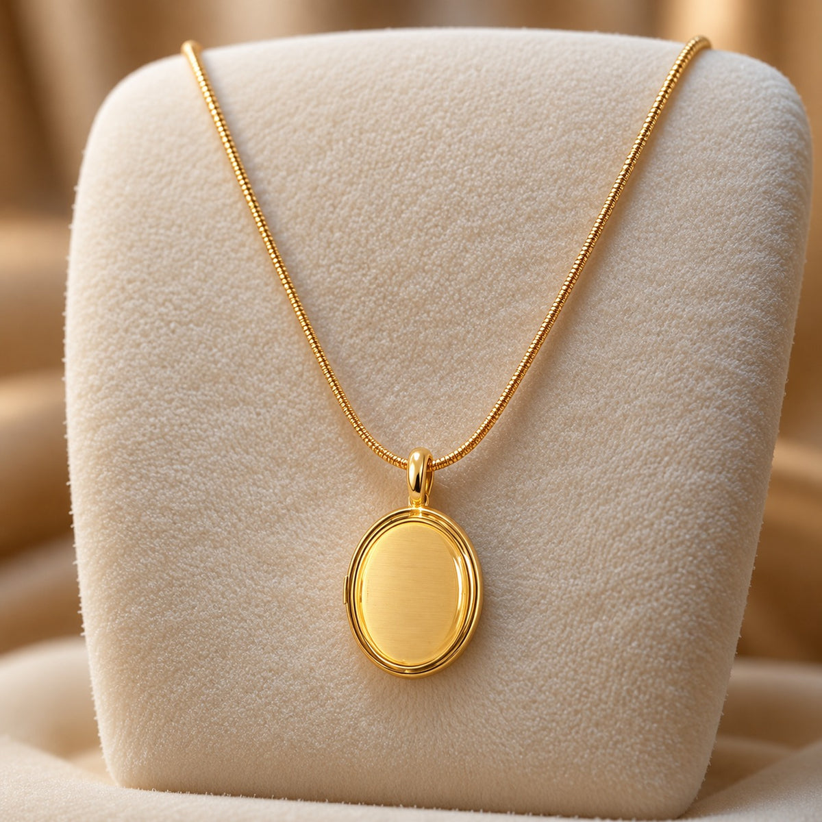 Gold-tone oval locket pendant with a smooth centre, suspended from a fine chain on a soft ivory jewellery stand.