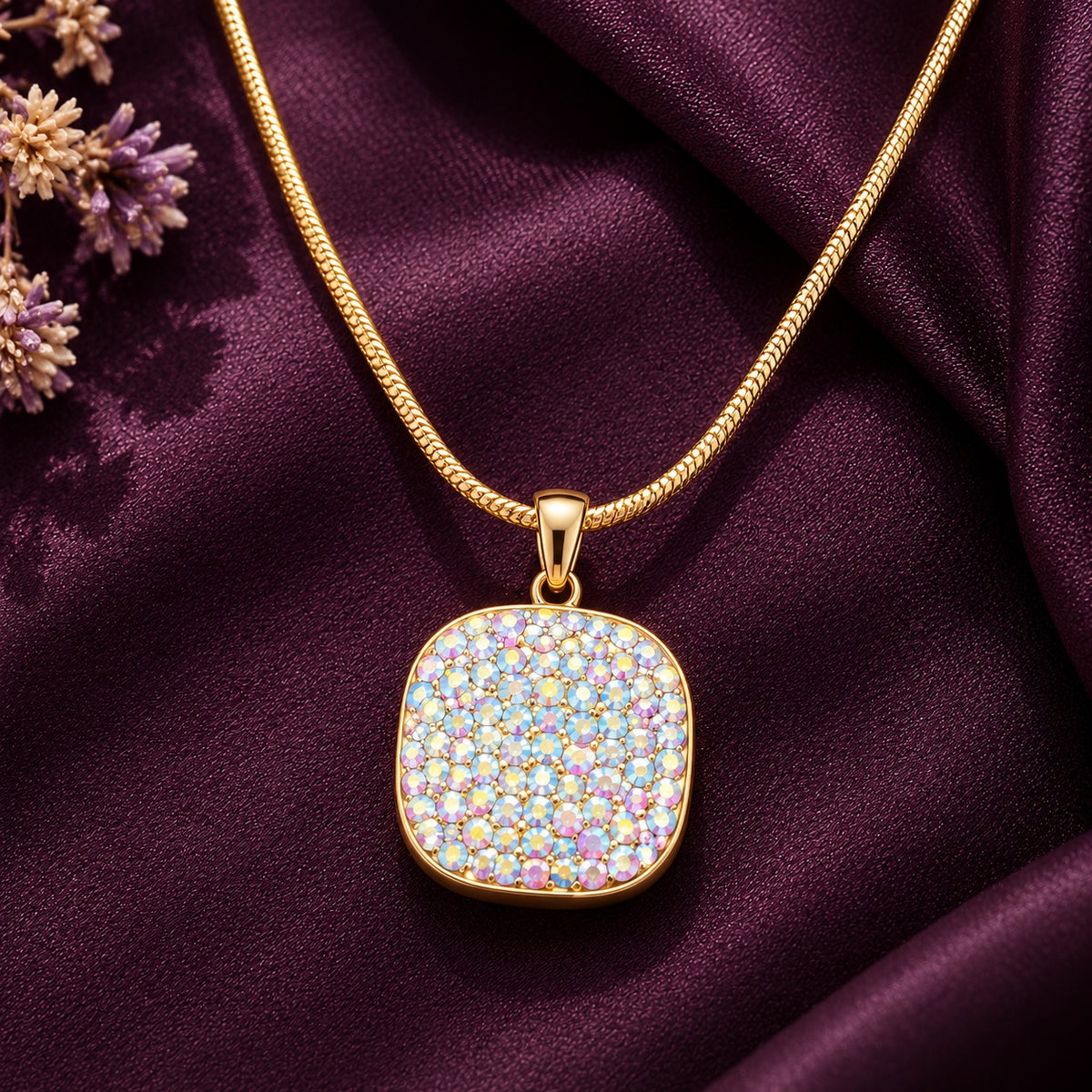 Detailed close-up of a rounded-square gold-tone pendant with densely arranged iridescent zircon stones in soft pink, lavender, blue and champagne hues.