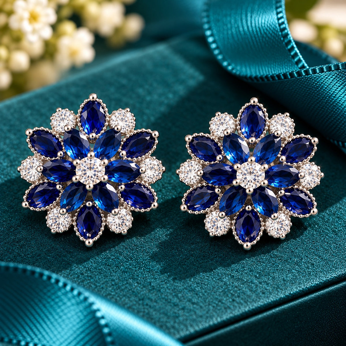 Vespera Bloom Earrings in sapphire blue, featuring layered marquise-cut gemstones, clear zircon accents and polished silver-tone settings, displayed on a teal jewellery box.