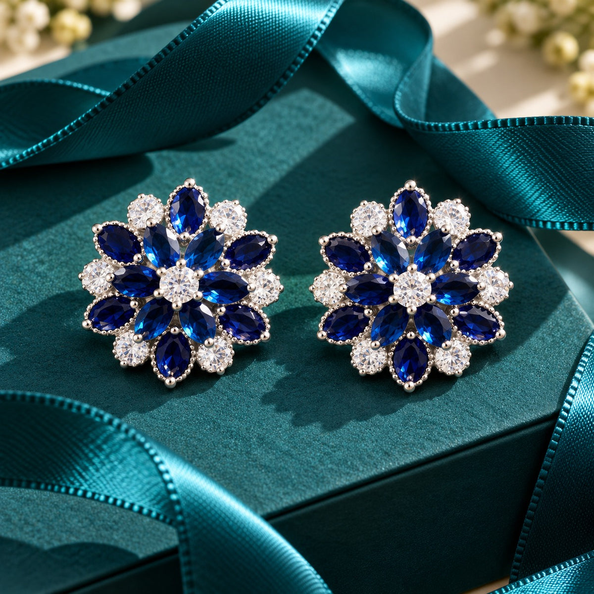 Vespera Bloom Earrings in sapphire blue, featuring layered marquise-cut gemstones, clear zircon accents and polished silver-tone settings, displayed on a teal jewellery box.