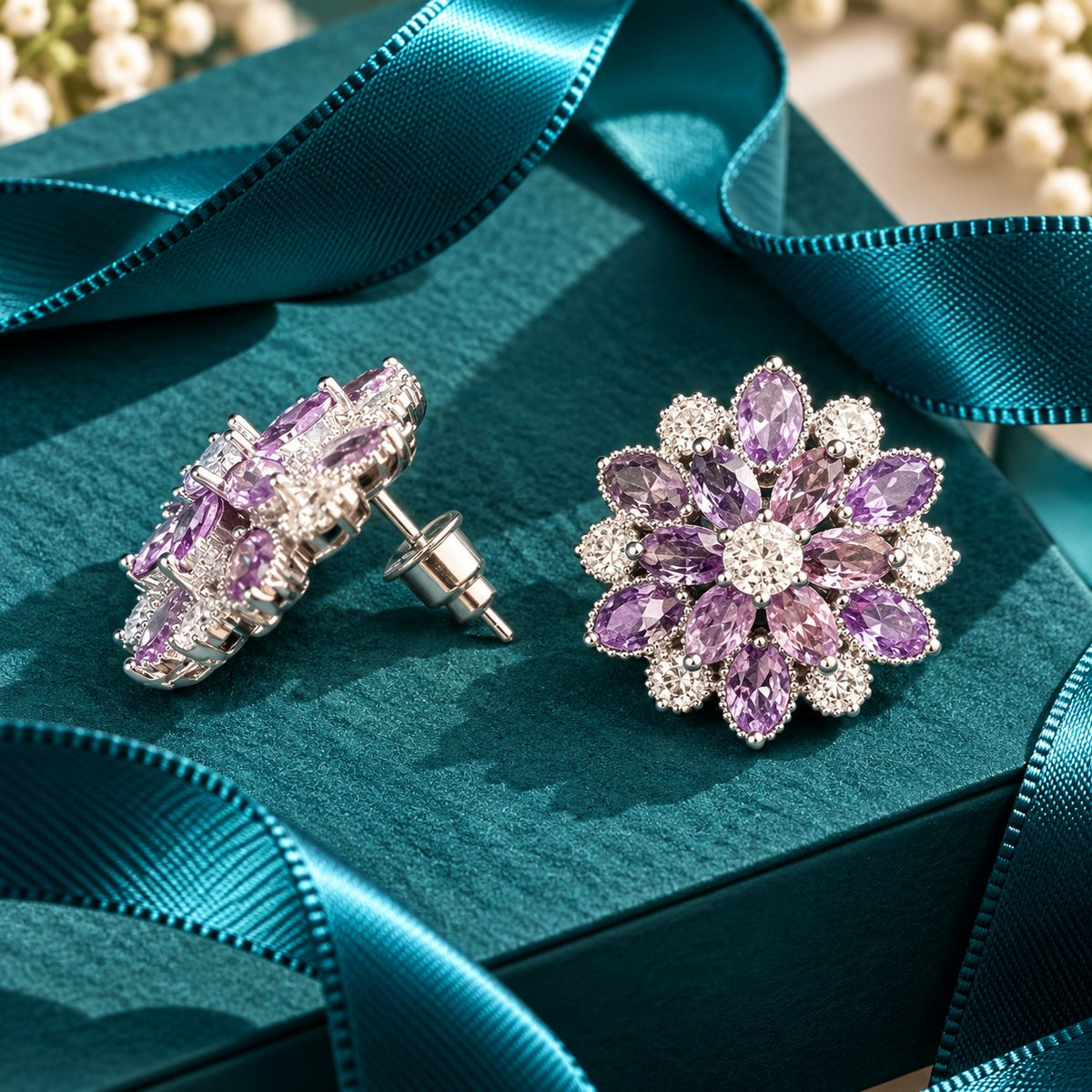 Side and back view of the Vespera Bloom  stud earrings, highlighting the raised silver-tone floral setting, gemstone mounting and straight stud post.