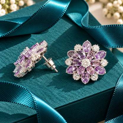 Side and back view of the Vespera Bloom  stud earrings, highlighting the raised silver-tone floral setting, gemstone mounting and straight stud post.