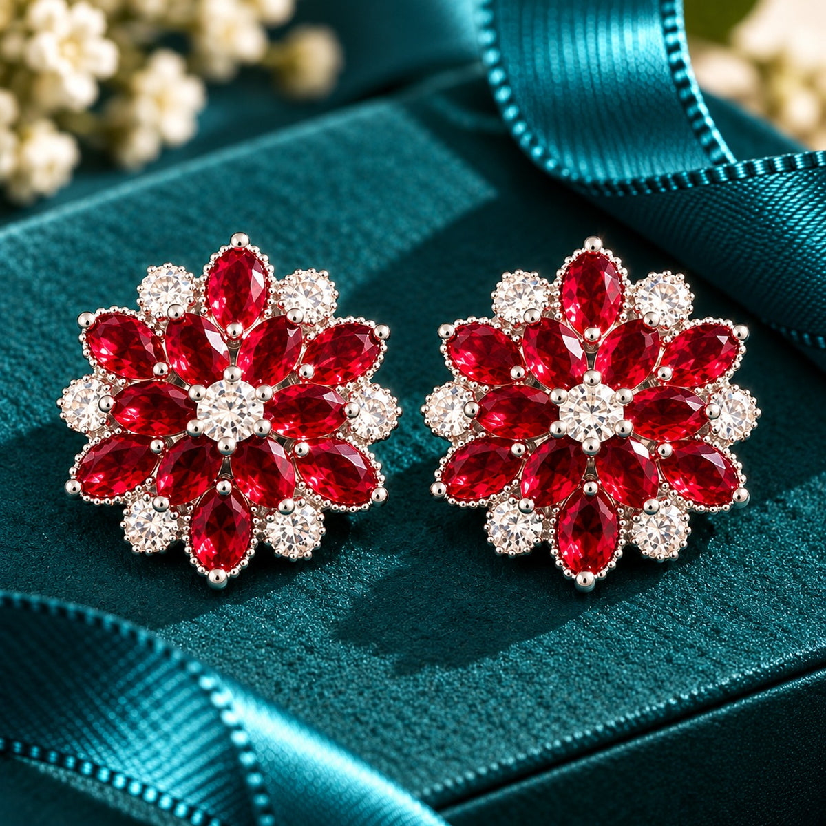Vespera Bloom Earrings in ruby red, featuring layered marquise-cut gemstones, clear zircon accents and polished silver-tone settings, displayed on a teal jewellery box.
