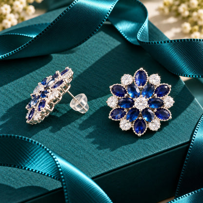 Side and back view of the Vespera Bloom  stud earrings, highlighting the raised silver-tone floral setting, gemstone mounting and straight stud post.