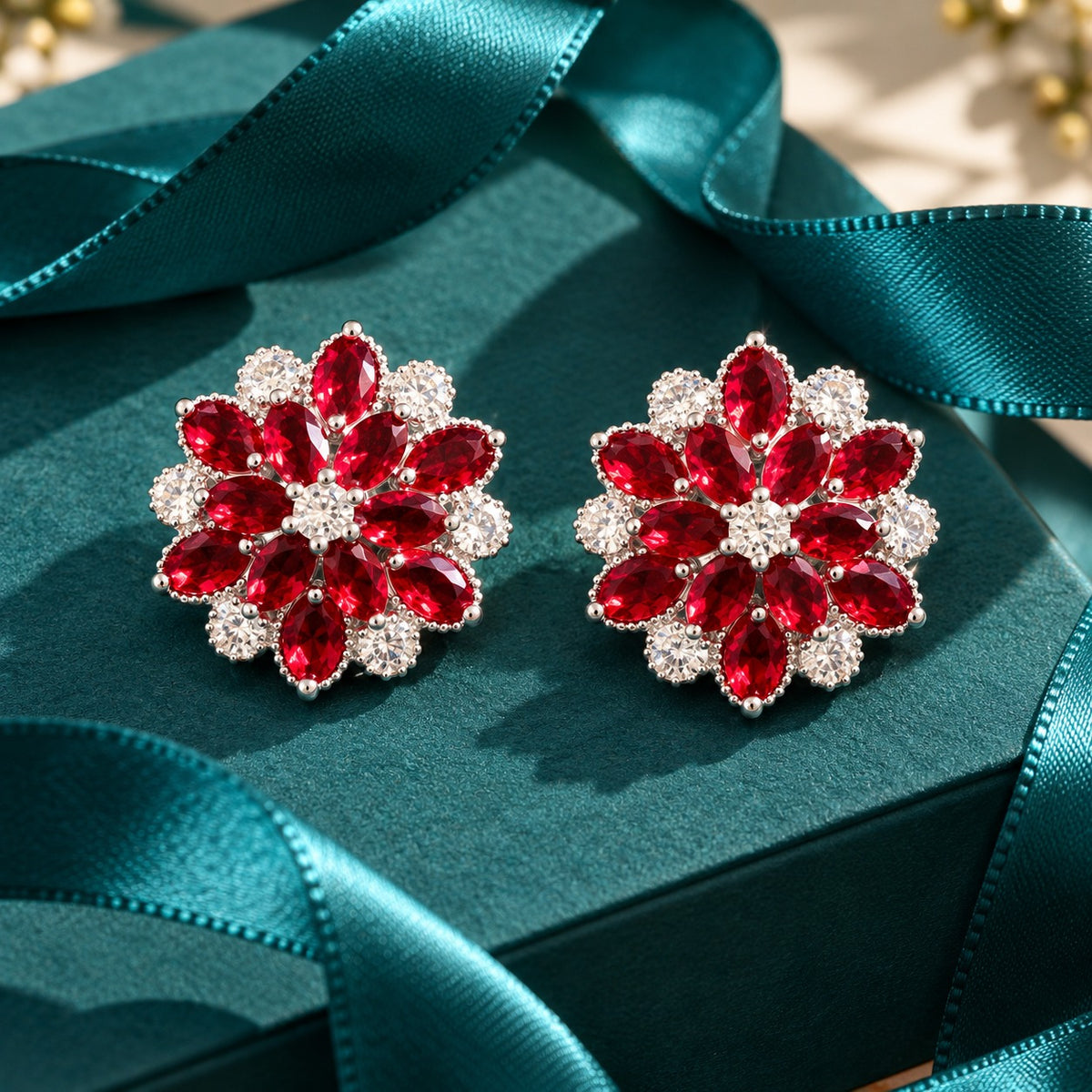 Vespera Bloom Earrings in ruby red, featuring layered marquise-cut gemstones, clear zircon accents and polished silver-tone settings, displayed on a teal jewellery box.