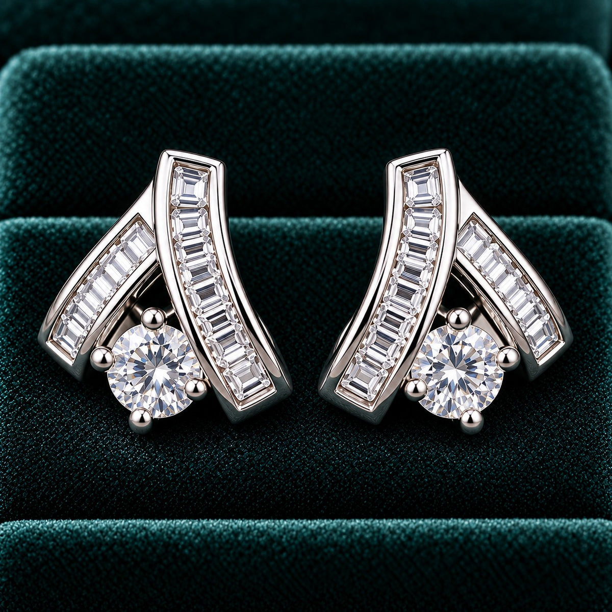 Veyra Duet silver-tone zircon stud earrings featuring two angled baguette-cut zircon bands and a brilliant round-cut clear zircon, displayed on luxurious deep teal velvet.