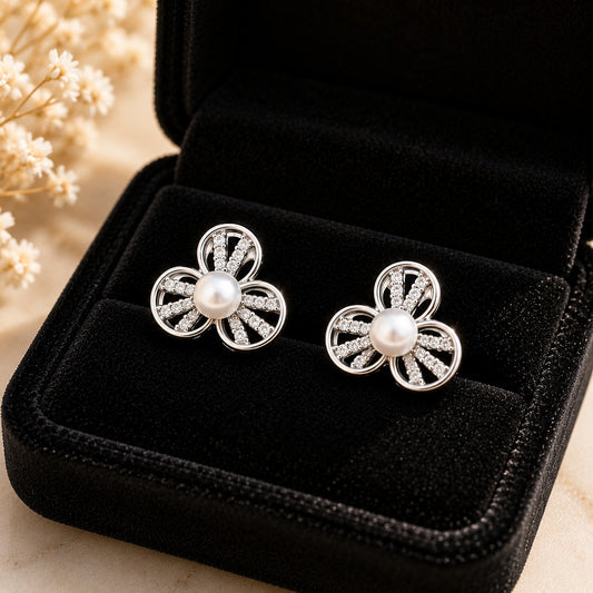 The Pearl Trefoil Zircon Studs