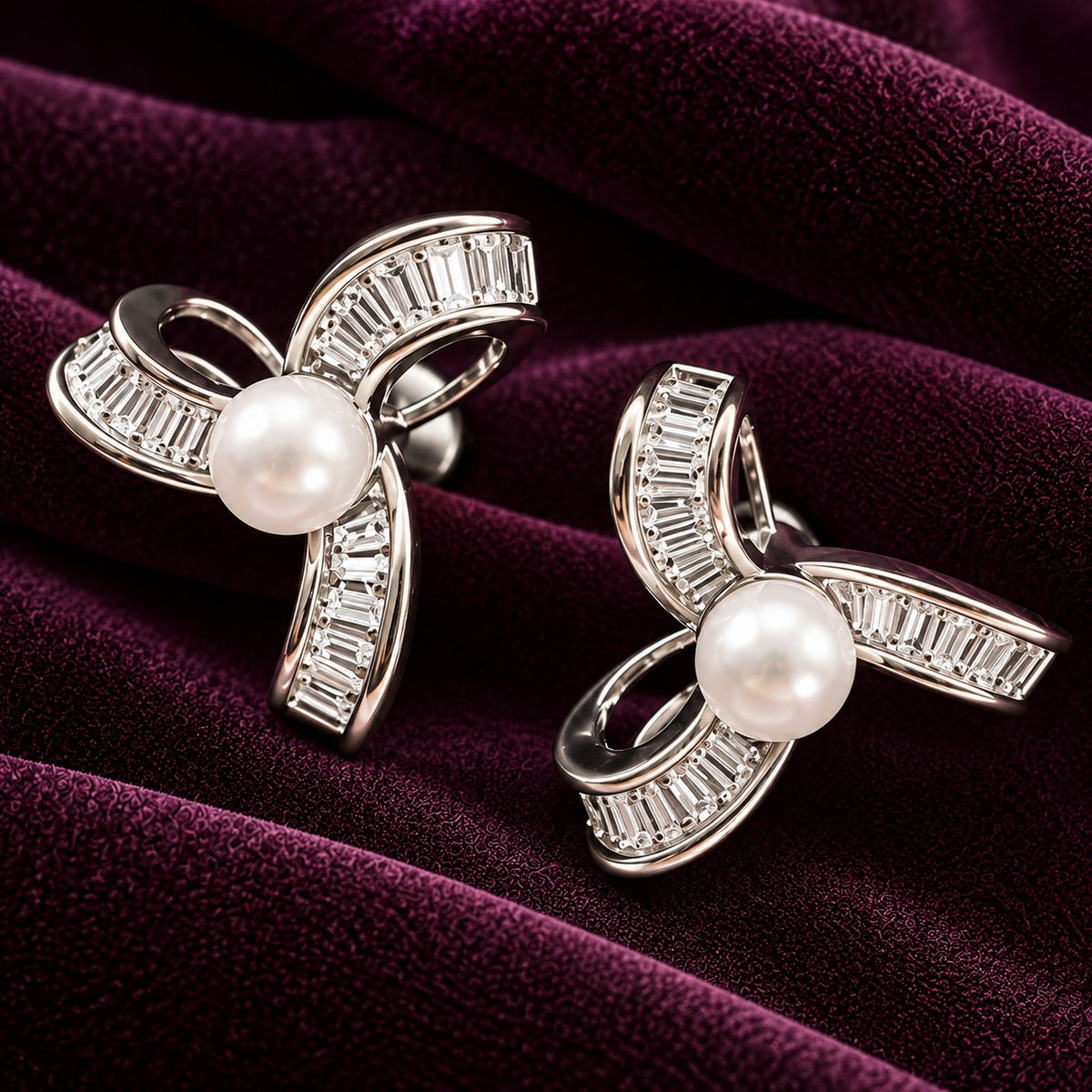 Silver-tone ribbon swirl stud earrings with white pearl centres and baguette-cut zircon stones, displayed on deep plum fabric.