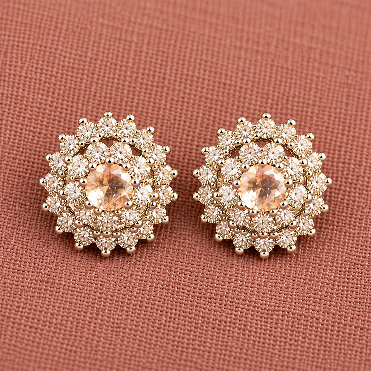 Detailed close-up of Aqua champagne Kensington Cluster Studs highlighting the faceted mint-green centre stones, intricate circular arrangement and surrounding clear zircon detailing.