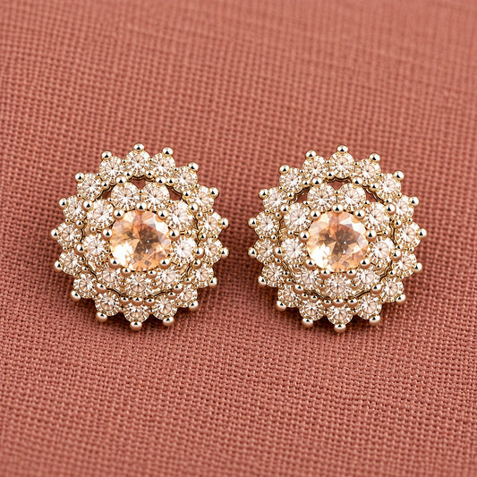 Detailed close-up of Aqua champagne Kensington Cluster Studs highlighting the faceted mint-green centre stones, intricate circular arrangement and surrounding clear zircon detailing.