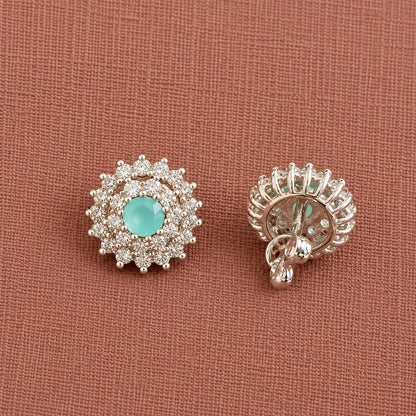 Rear view of Aqua Mint Kensington Cluster Studs showing the openwork metallic structure, raised stone setting and post with push-back fastening.